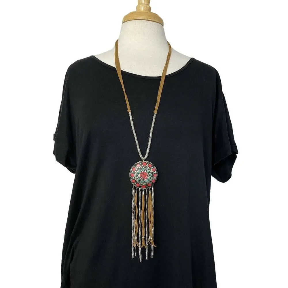 SHIRALEAH New Catrine Tribal Leather Necklace Silver Pink Turquoise Anthro